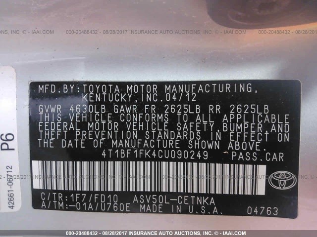 4T1BF1FK4CU090249 - 2012 TOYOTA CAMRY SE/LE/XLE SILVER photo 9