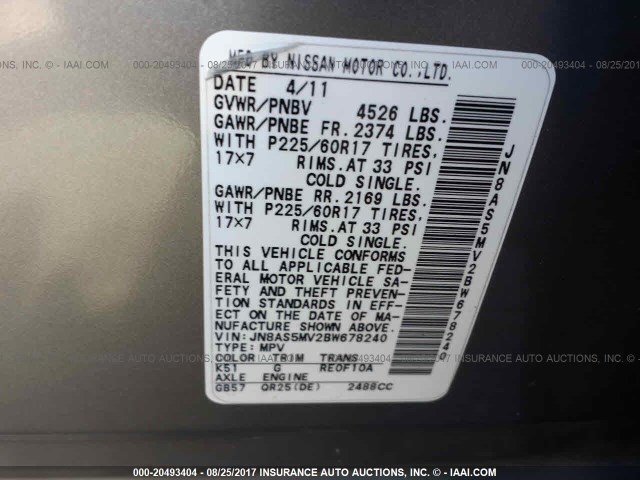 JN8AS5MV2BW678240 - 2011 NISSAN ROGUE S/SV/KROM GRAY photo 9