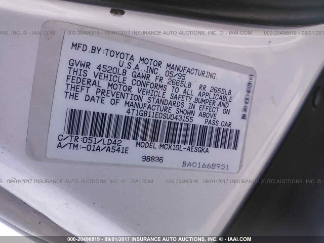 4T1GB11E0SU043155 - 1995 TOYOTA AVALON XLS WHITE photo 9