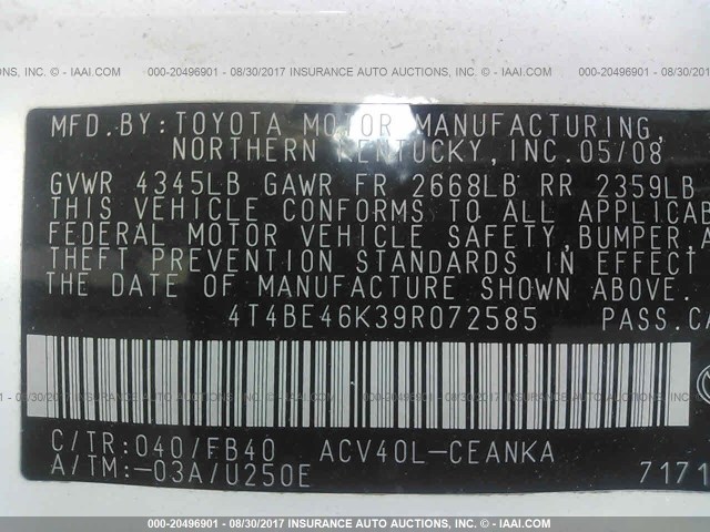 4T4BE46K39R072585 - 2009 TOYOTA CAMRY SE/LE/XLE WHITE photo 9