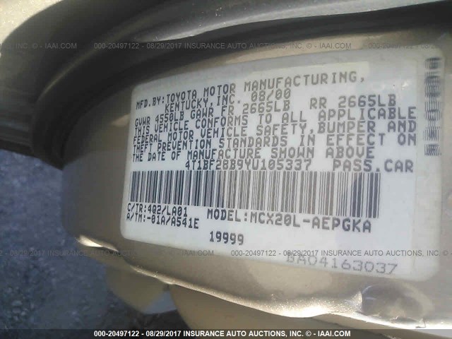 4T1BF28B9YU105337 - 2000 TOYOTA AVALON XL/XLS BEIGE photo 9