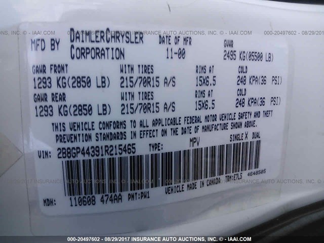 2B8GP44391R215465 - 2001 DODGE GRAND CARAVAN SPORT WHITE photo 9