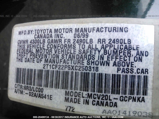 2T1CF22P5XC250318 - 1999 TOYOTA CAMRY SOLARA SE/SLE GREEN photo 9