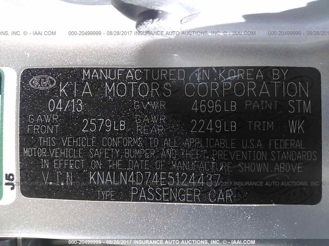 KNALN4D74E5124437 - 2014 KIA CADENZA PREMIUM/LIMITED SILVER photo 9