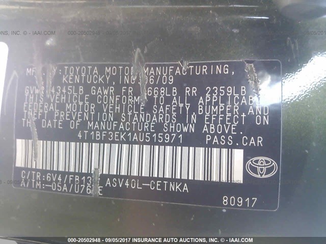 4T1BF3EK1AU515971 - 2010 TOYOTA CAMRY SE/LE/XLE BLACK photo 9