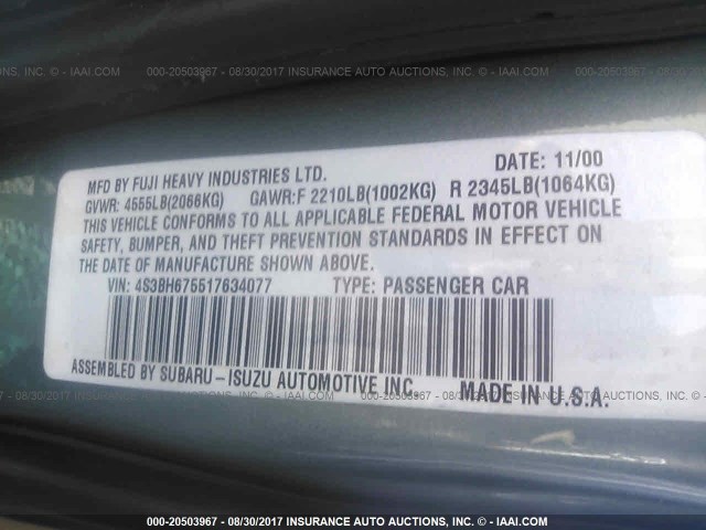 4S3BH675517634077 - 2001 SUBARU LEGACY OUTBACK AWP 绿色 照片 9