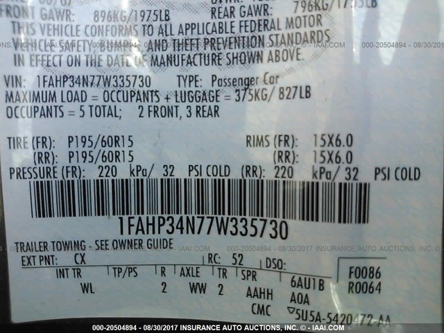 1FAHP34N77W335730 - 2007 FORD FOCUS ZX4/S/SE/SES 灰色 照片 9