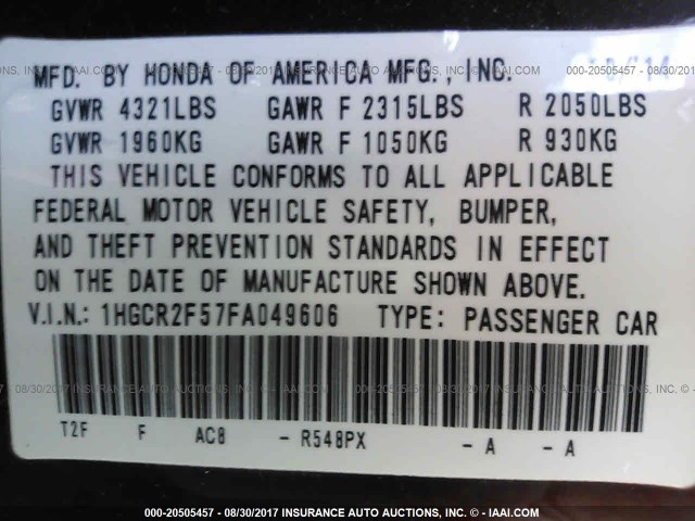 1HGCR2F57FA049606 - 2015 HONDA ACCORD SPORT Марун фото 9