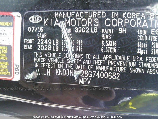 KNDJN2A28G7400682 - 2016 KIA SOUL BLACK photo 9