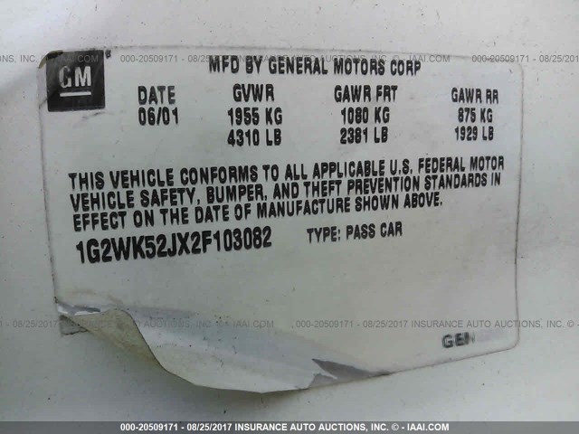 1G2WK52JX2F103082 - 2002 PONTIAC GRAND PRIX SE 白色 照片 9