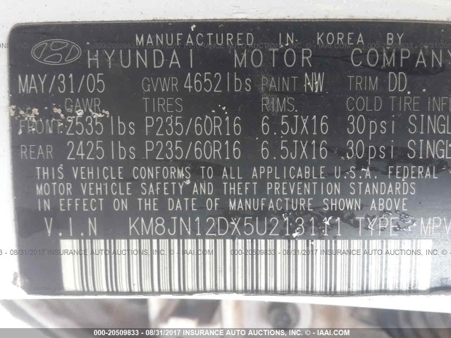 KM8JN12DX5U213111 - 2005 HYUNDAI TUCSON GLS/LX WHITE photo 9