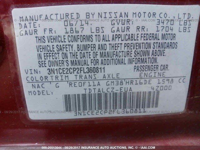 3N1CE2CP2FL360811 - 2015 NISSAN VERSA NOTE S/S PLUS/SV/SL/SR RED photo 9