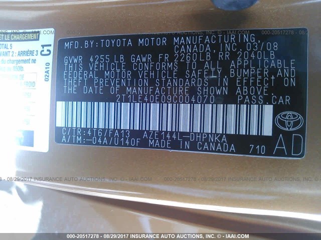 2T1LE40E09C004070 - 2009 TOYOTA COROLLA MATRIX S GOLD photo 9