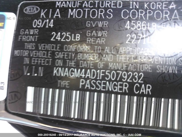 KNAGM4AD1F5079232 - 2015 KIA OPTIMA HYBRID BLACK photo 9