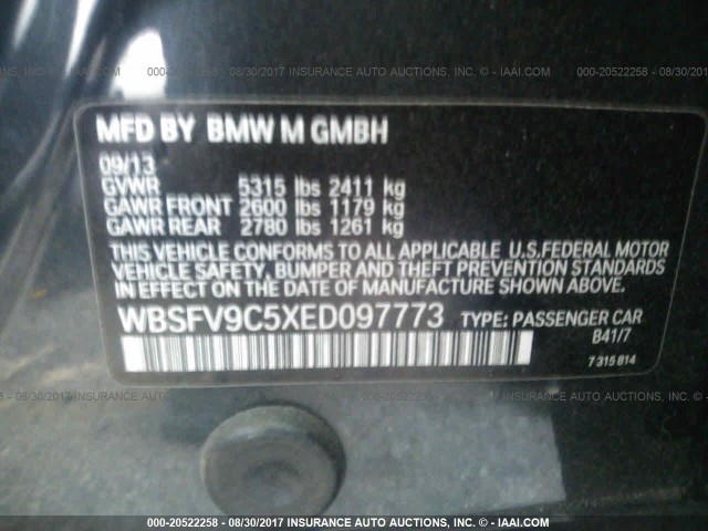 WBSFV9C5XED097773 - 2014 BMW M5 BLACK photo 9