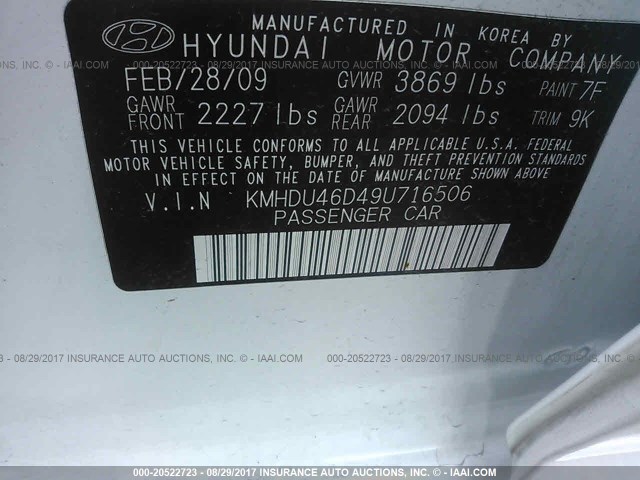 KMHDU46D49U716506 - 2009 HYUNDAI ELANTRA GLS/SE WHITE photo 9