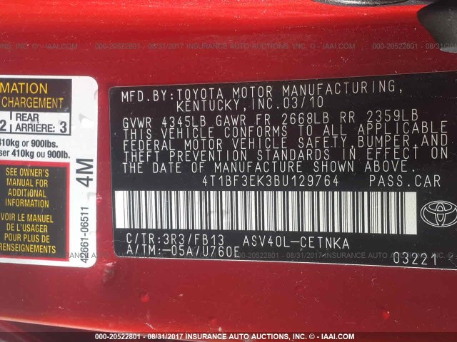 4T1BF3EK3BU129764 - 2011 TOYOTA CAMRY SE/LE/XLE RED photo 9