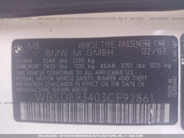 WBSDE93403CF92861 - 2003 BMW M5 WHITE photo 9