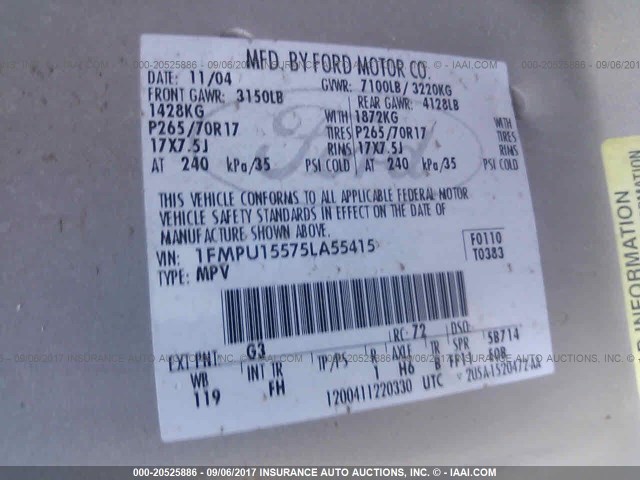 1FMPU15575LA55415 - 2005 FORD EXPEDITION XLT Gold Foto 9