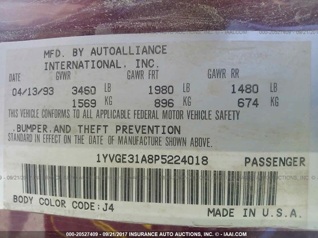 1YVGE31A8P5224018 - 1993 MAZDA MX-6 MAROON photo 9