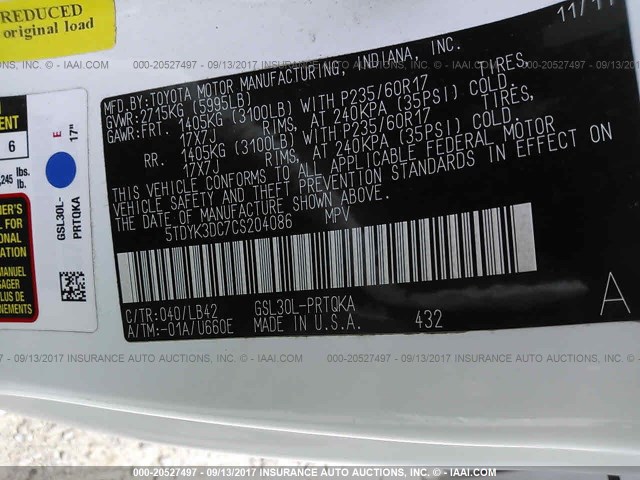 5TDYK3DC7CS204086 - 2012 TOYOTA SIENNA XLE/LIMITED WHITE photo 9