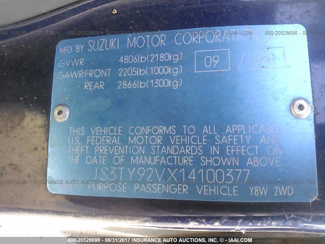 JS3TY92VX14100377 - 2001 SUZUKI GRAND VITARA XL7 TOURING/XL7 LIMITED BLUE photo 9