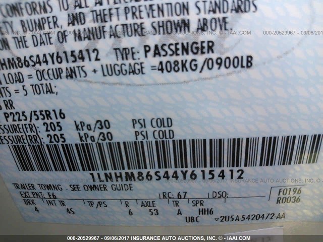 1LNHM86S44Y615412 - 2004 LINCOLN LS 白色 照片 9