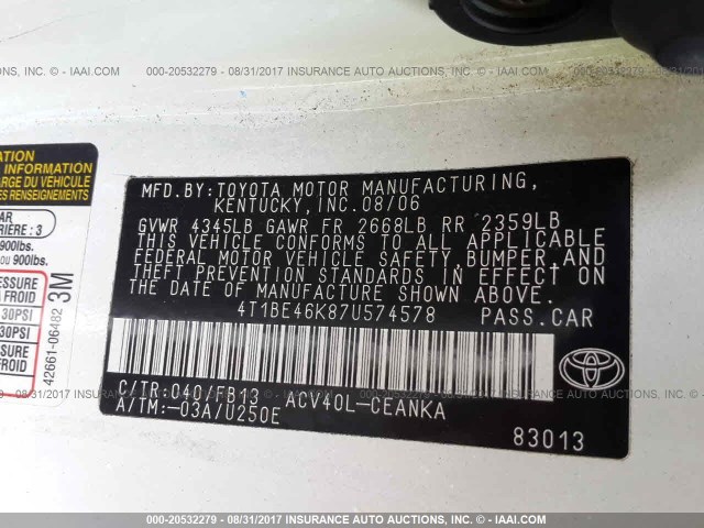 4T1BE46K87U574578 - 2007 TOYOTA CAMRY NEW GENERAT CE/LE/XLE/SE WHITE photo 9