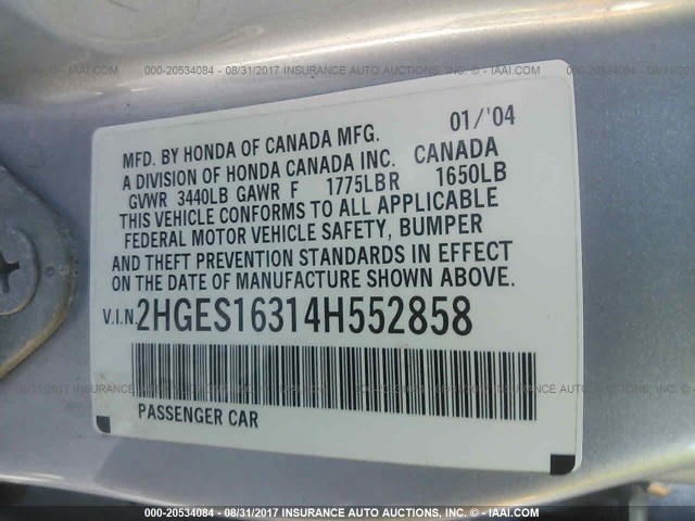 2HGES16314H552858 - 2004 HONDA CIVIC DX VP 银色 照片 9