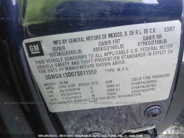 3GNDA13D67S611552 - 2007 CHEVROLET HHR LS BLUE photo 9