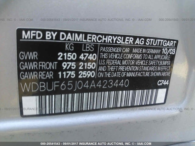 WDBUF65J04A423440 - 2004 MERCEDES-BENZ E 320 SILVER photo 9