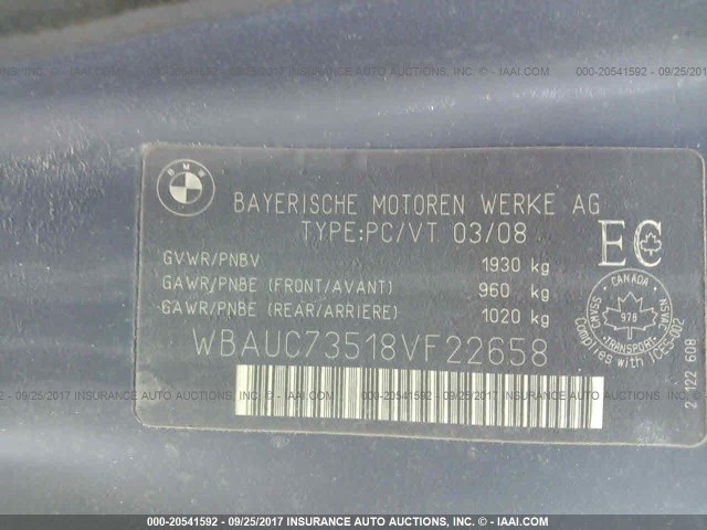 WBAUC73518VF22658 - 2008 BMW 135 I BLUE photo 9