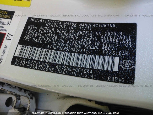 4T1BF1FK9FU894311 - 2015 TOYOTA CAMRY LE/XLE/SE/XSE WHITE photo 9