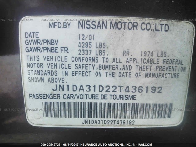 JN1DA31D22T436192 - 2002 NISSAN MAXIMA GLE/GXE/SE BURGUNDY photo 9