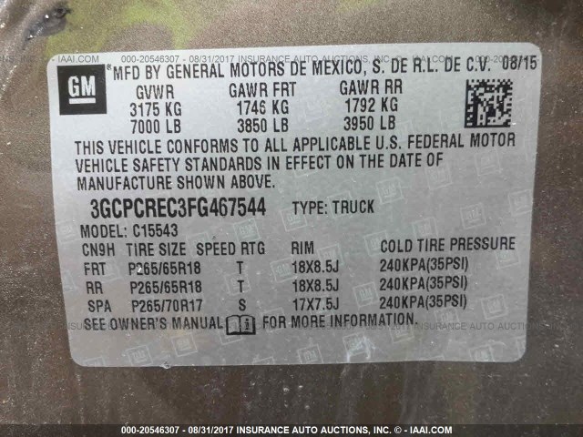 3GCPCREC3FG467544 - 2015 CHEVROLET SILVERADO C1500 LT BROWN photo 9