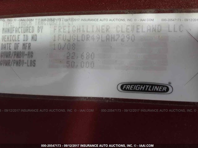 1FUJGLDR49LAH7290 - 2009 FREIGHTLINER CASCADIA 125  MAROON photo 10