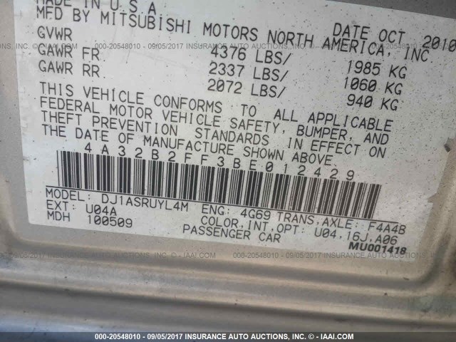 4A32B2FF3BE012429 - 2011 MITSUBISHI GALANT FE SILVER photo 9