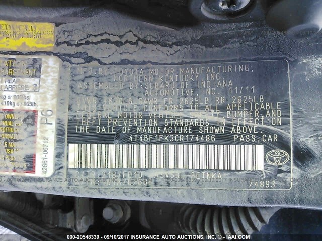 4T4BF1FK3CR174486 - 2012 TOYOTA CAMRY SE/LE/XLE BLACK photo 9