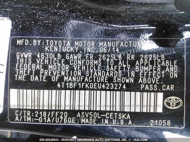 4T1BF1FK0EU423274 - 2014 TOYOTA CAMRY L/SE/LE/XLE BLACK photo 9