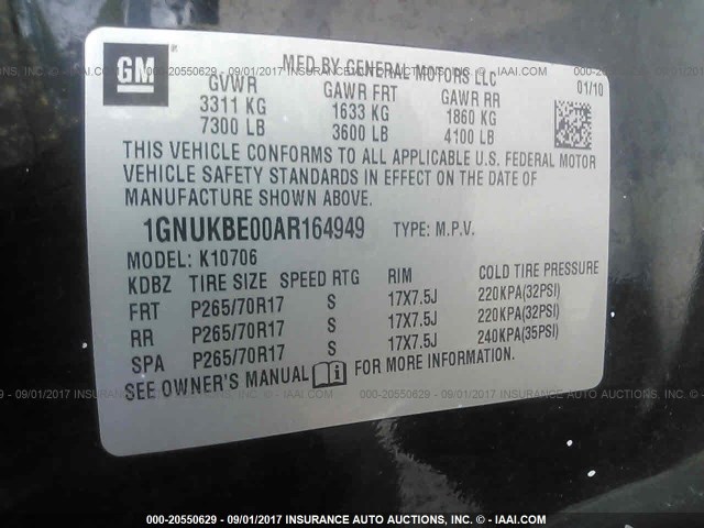 1GNUKBE00AR164949 - 2010 CHEVROLET TAHOE K1500 LT BLACK photo 9