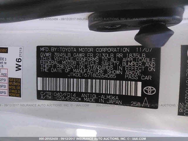 JTKDE167180264085 - 2008 TOYOTA SCION TC 白色 照片 9