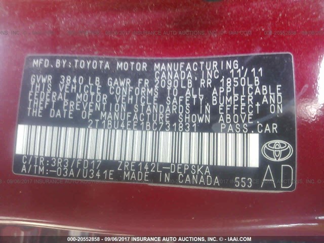 2T1BU4EE1BC731831 - 2011 TOYOTA COROLLA S/LE RED photo 9