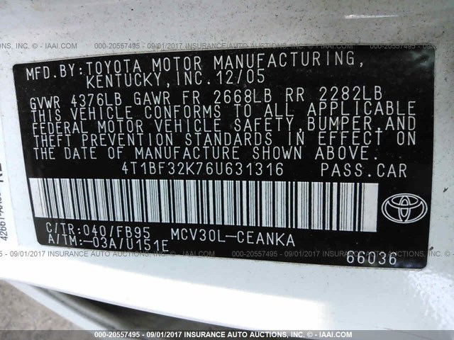 4T1BF32K76U631316 - 2006 TOYOTA CAMRY LE/XLE/SE WHITE photo 9