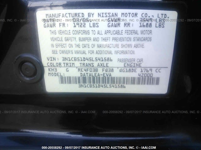 3N1CB51D45L541586 - 2005 NISSAN SENTRA 1.8/1.8S BLACK photo 9