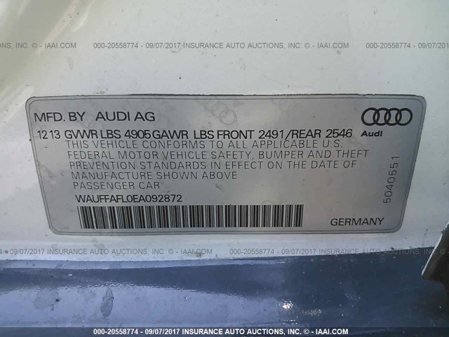 WAUFFAFL0EA092872 - 2014 AUDI A4 PREMIUM PLUS GRAY photo 9