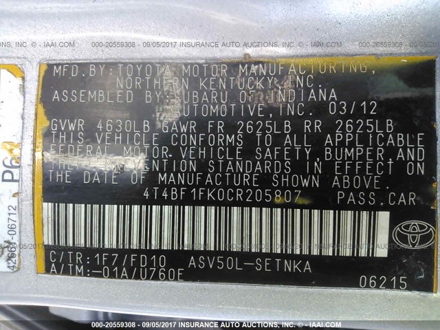 4T4BF1FK0CR205807 - 2012 TOYOTA CAMRY SE/LE/XLE SILVER photo 9