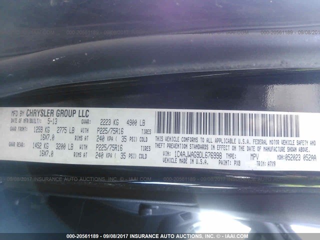 1C4AJWAG9DL676998 - 2013 JEEP WRANGLER SPORT 黑色 照片 9