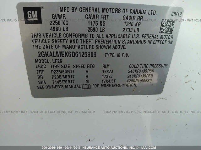 2GKALMEK6D6125809 - 2013 GMC TERRAIN SLE WHITE photo 9