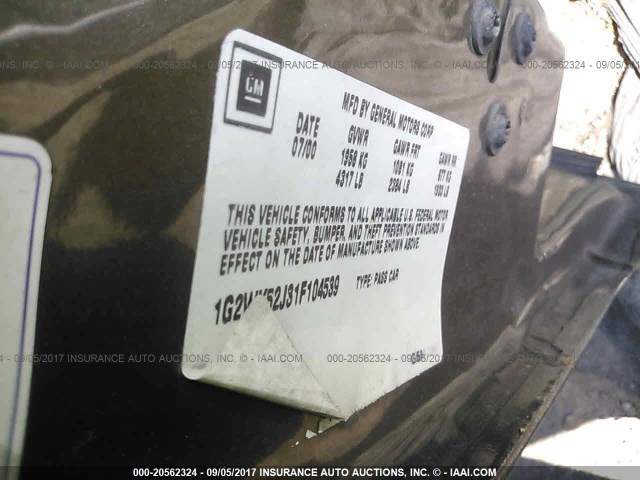 1G2WK52J31F104539 - 2001 PONTIAC GRAND PRIX SE 棕色 照片 9