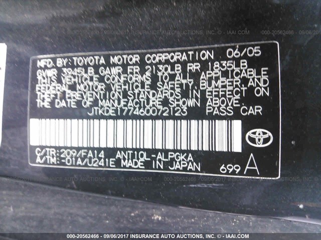 JTKDE177460072123 - 2006 TOYOTA SCION TC BLACK photo 9